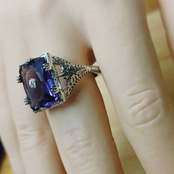 Rainbow Fluorite Filigree Cocktail Ring Size 9.5 Art Deco 925 Sterling Silver - Picture 13 of 16